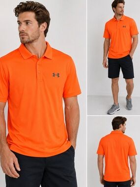 Under Armour HeatGear Polo Shirt Men’s Medium Orange Loose Fit Golf Athletic
